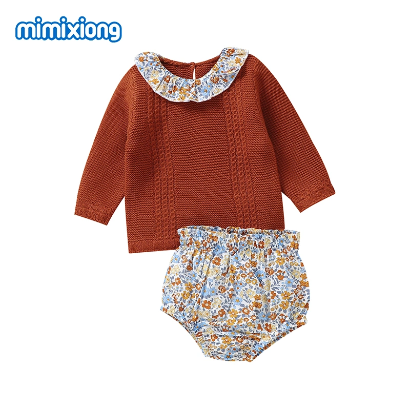 Mimixiong Wholesale/Supplier Infant Baby Clothing Soft Warm Flowers Pattern Baby Knitted Pullover Sweater and Pants Sets for Girls