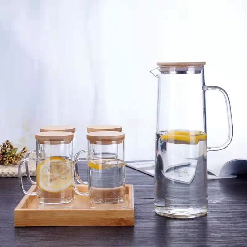 1300ml Home Glassware Water Pot Pitcher Set with Bamboo Lid Two Cups