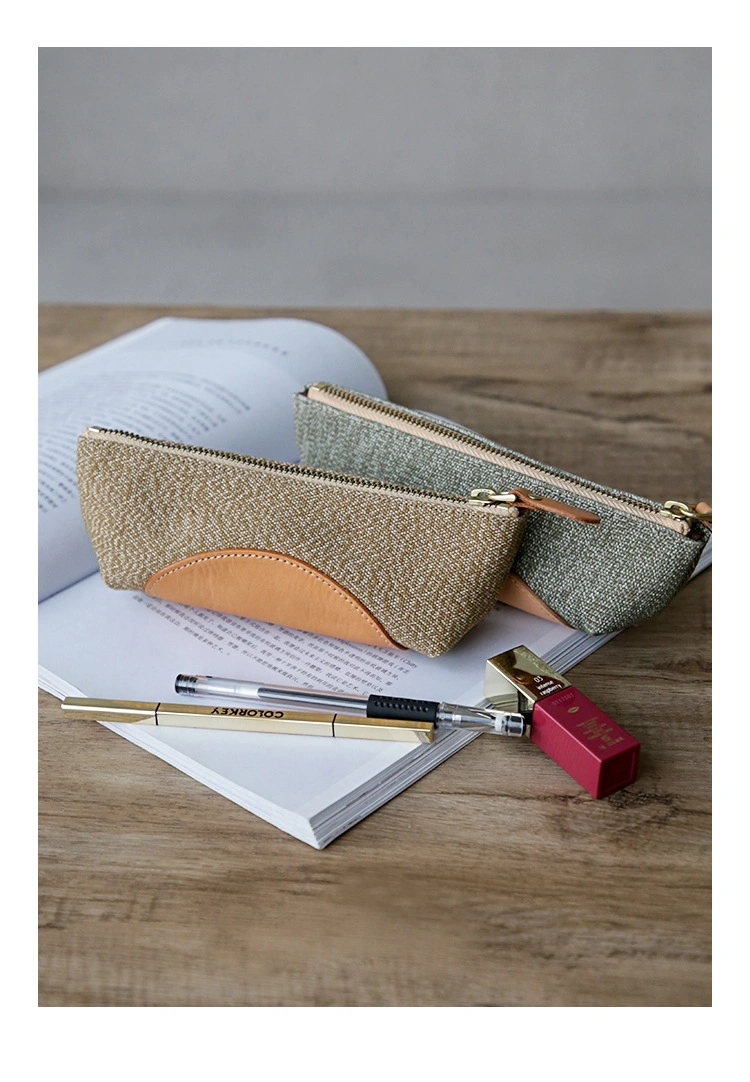 Promotional Gift Customized Embossed Logo Pencil Case Fashion Linen&PU Stitching Cosmetic Bags