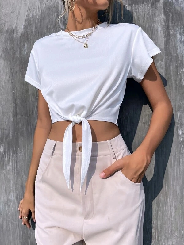 Knot Hem Crop Tee Plain T Shirt Summer Lace up Knot Hem White Tshirt Woman Short Sleevesolid T Shirts