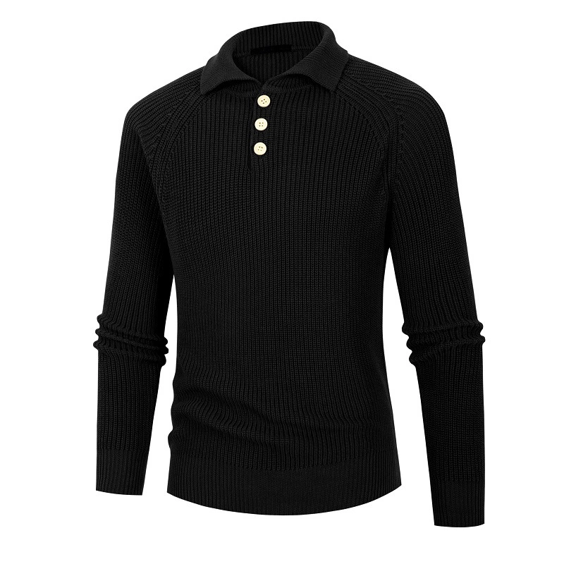 Pulls à col polo pour hommes en noir et marron pour l'hiver, décontractés et amples, avec boutons, pulls tricotés pour hommes.