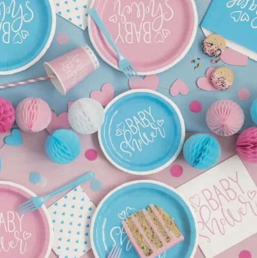 Столовые приборы для душа Blue Pink Baby Shower Cup Напкинс 16 Гость Декорации вечеринок