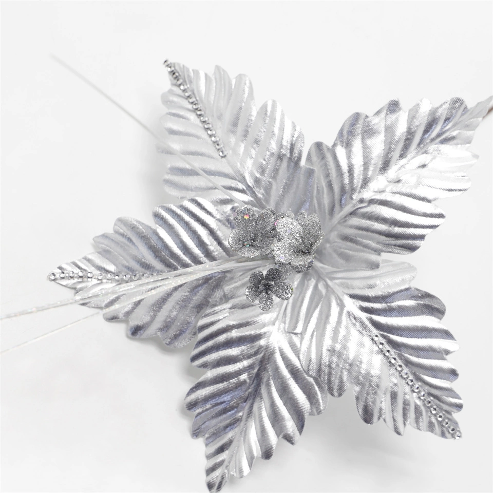 Silver Artificial Christmas Flower Popular Poinsettia Long Flower Core Christmas Flower Christmas Decoration