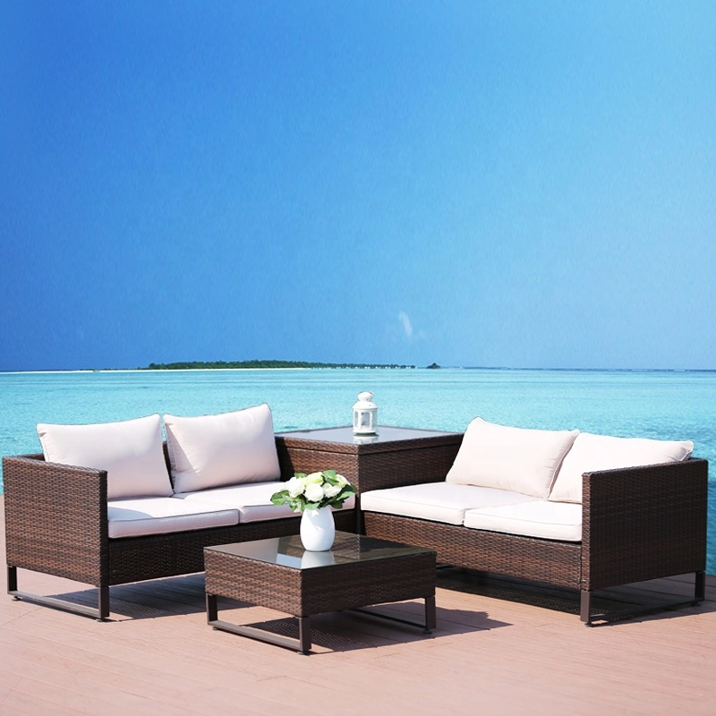 Verkauf Outdoor Qualitativ Hochwertige Patio Rattan Sofa Moderne Gartenmöbel Luxus Wicker Sofa Set 4-Sitzer mit Tisch Aufbewahrungsbox