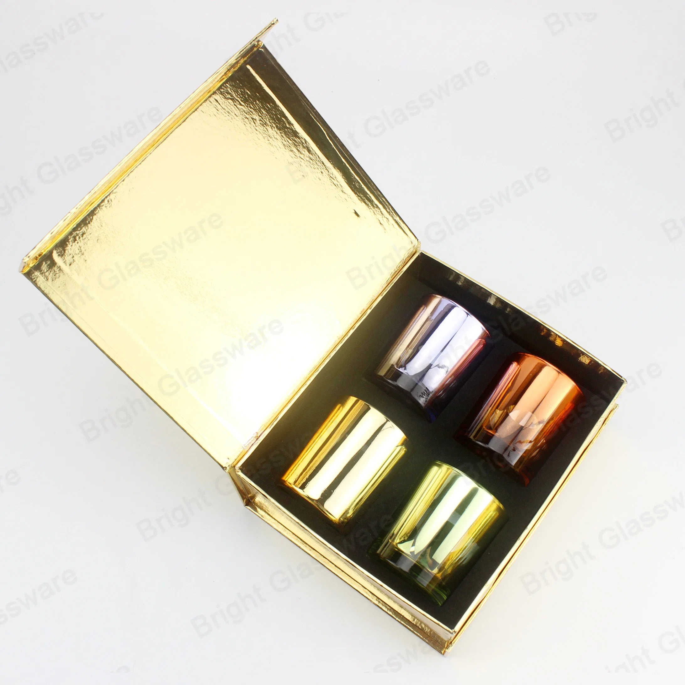 Colorful Electroplated 4 Glass Candle Jar Set with Magnetic Paper Gift Box