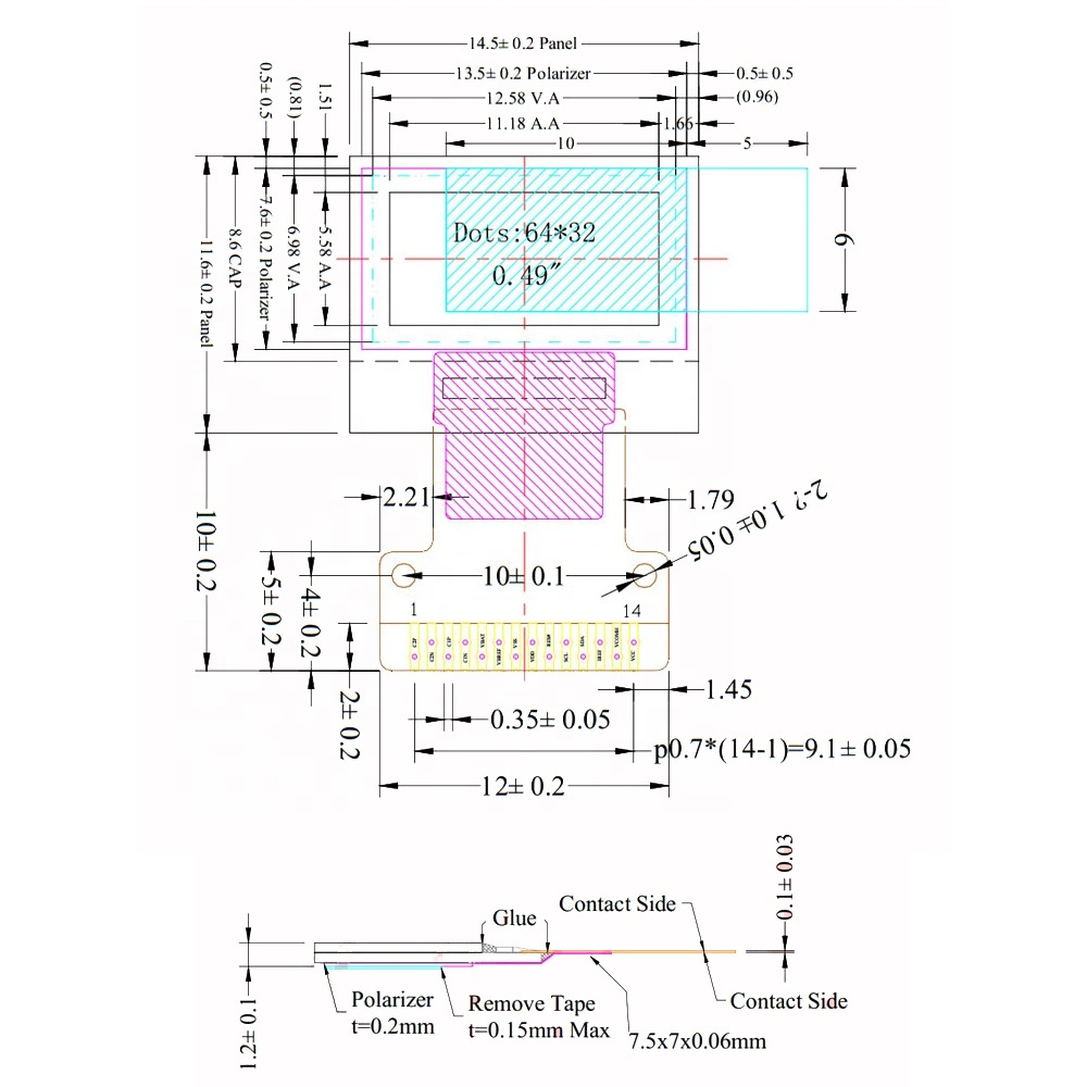 Ecrã OLED de 0.49 polegadas DOT Matrix 64X32 para electrónica de consumo