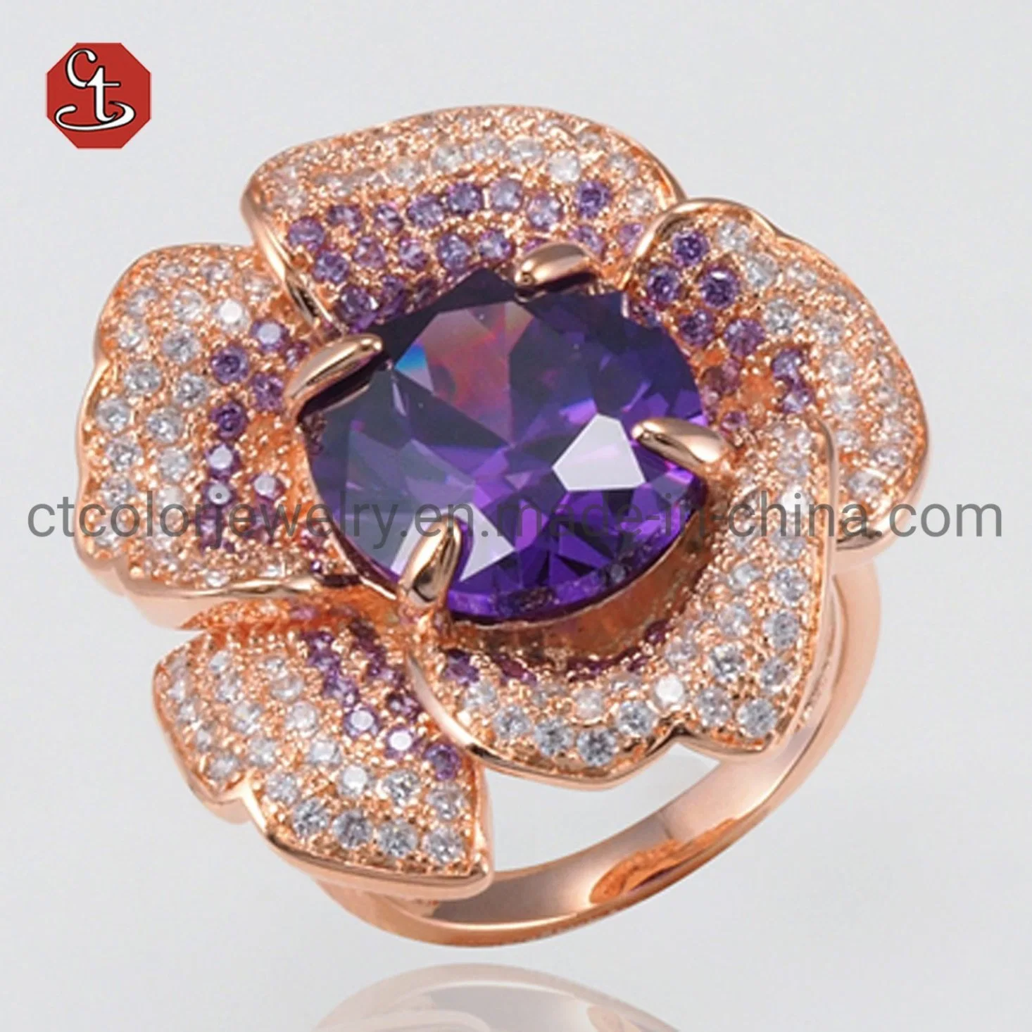 Luxus Edelstein Schmuck Rose Gold Blume Silber Amethyst/Rubin Ring