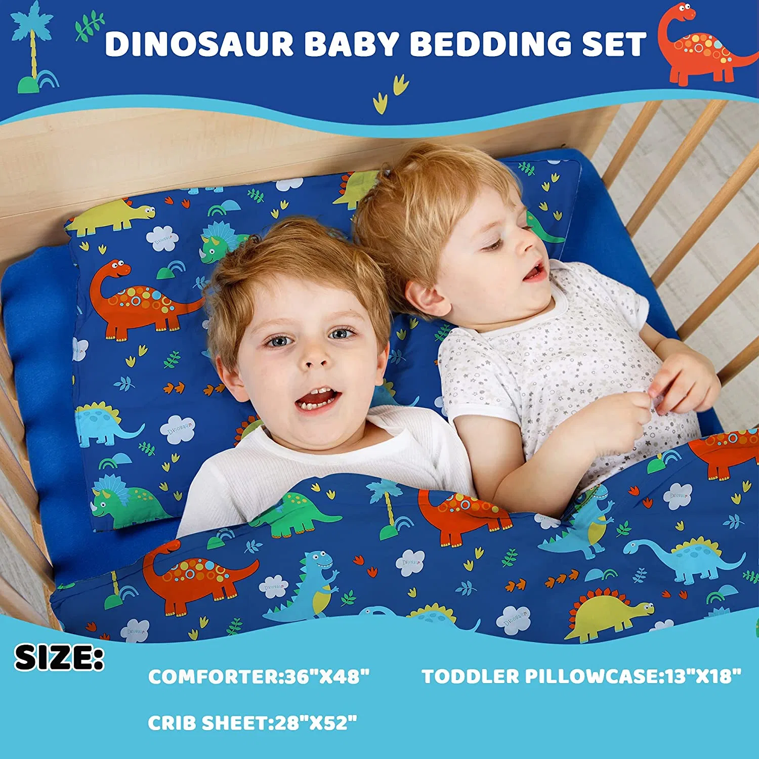 Azul marino y verde bebé dinosaurio moderno niños o niñas, ropa de cama de bebé conjunto