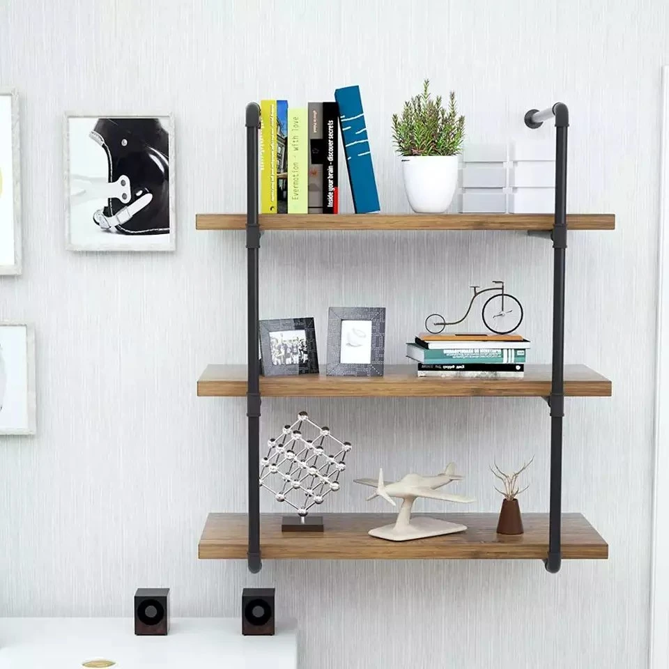 3-Shelf Pipe Furniture Metal Steel Iron Modern Industrial Bookcase Bookshelf Wall Mounted Kids Wooden Book Shelf