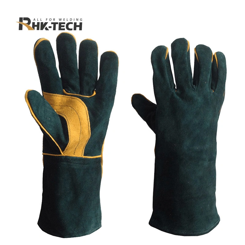 Buen precio de 14 pulgadas de cuero de vaca MIG resistentes al fuego de color verde oscuro guantes de soldadura TIG