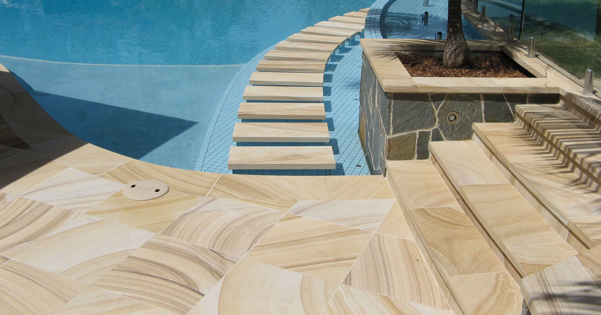 Natur Stein Pool Deck Teakholz Sandstein Pool Coping zum Schwimmen Pflaster und Fliesen