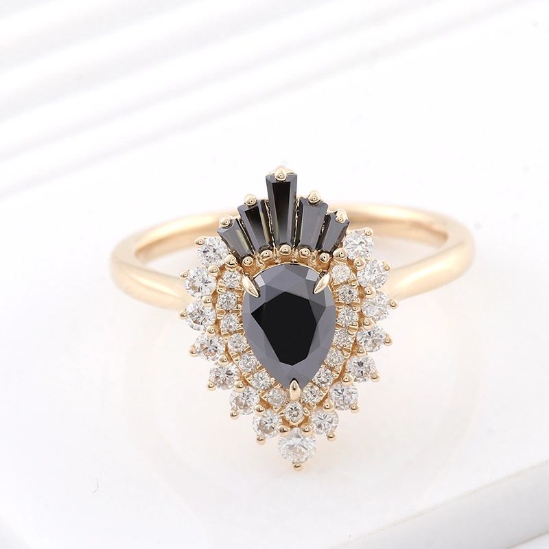 Lover's Tear Drop Design Diamond Ring Jewelry 14K Yellow Gold Pear Trapezoid Cut Black Color Vvs Moissanite Diamond