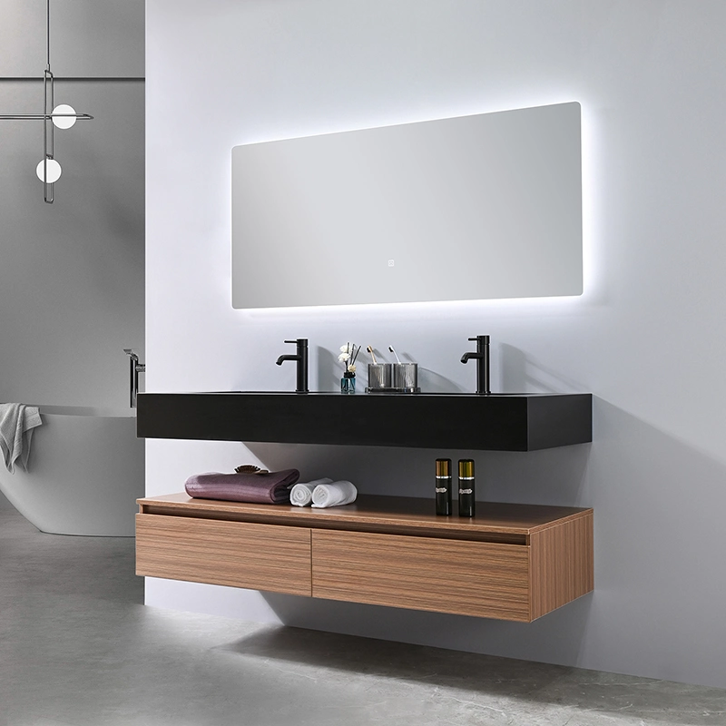 New Design Eitelkeit Sperrholz Badezimmerschrank mit Slab Becken für Hotel Badezimmer LED Spiegel Eitelkeiten in hoher Qualität