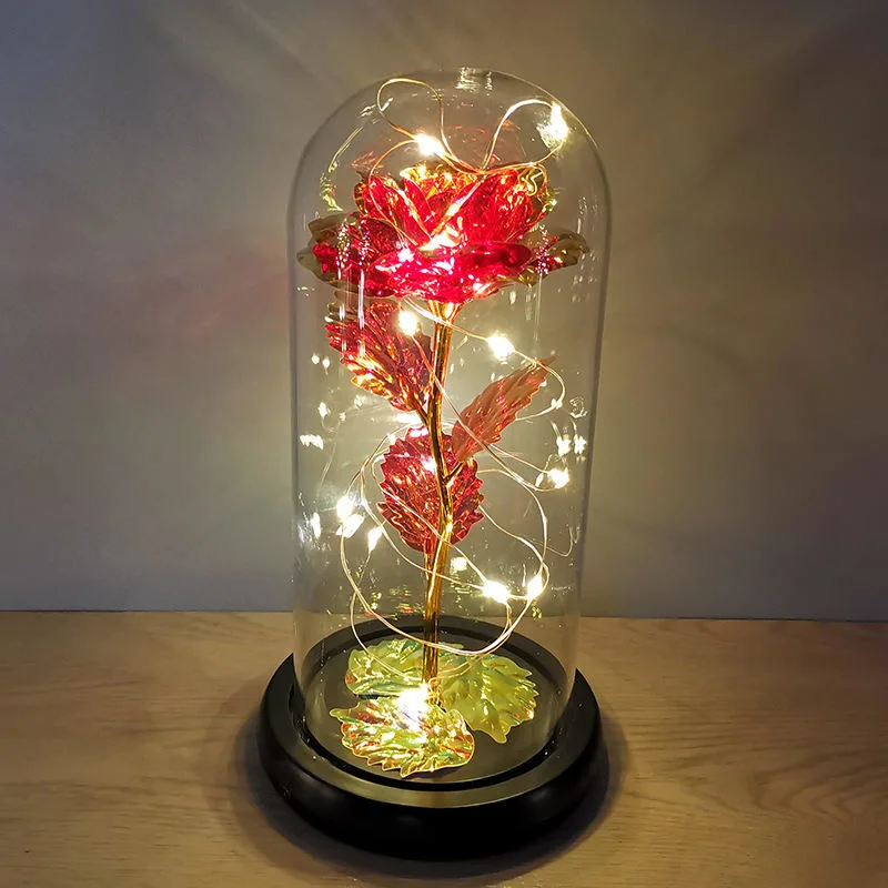 Valentines Day Gift Colorful LED Light Strings Preserved 24K Gold Foil Galaxy Rose Gold Plated Valentine Day Gifts in Glass Dome