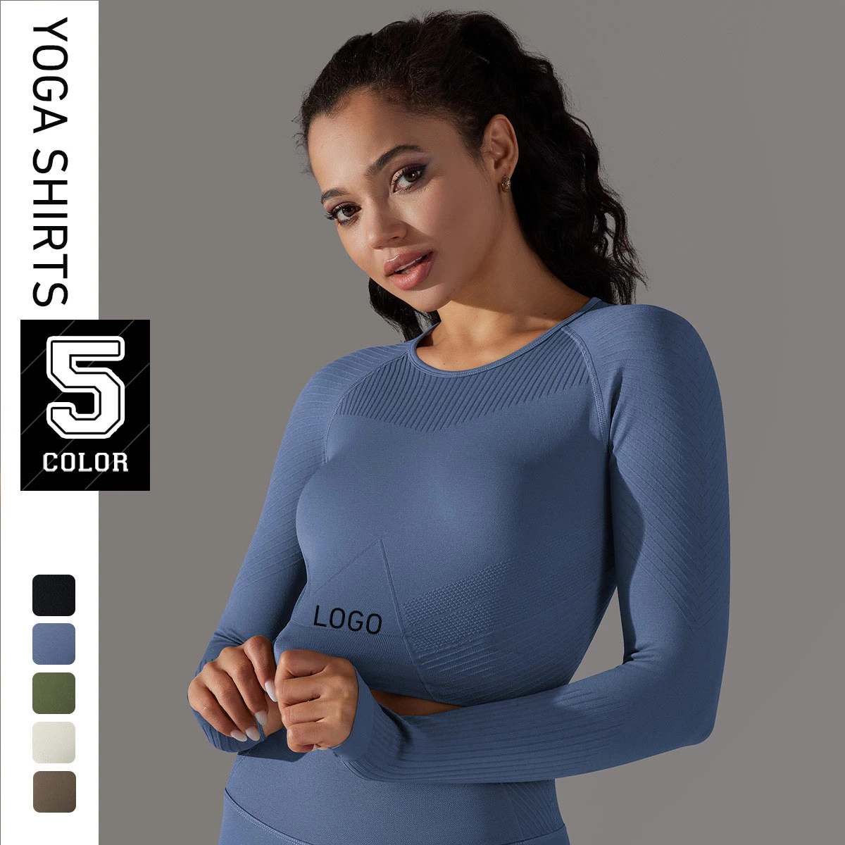 Seamless-Knit Solid-Color Striped Bodice Yoga Wear Moisture Absorption Body Shaping Long-Sleeve Women