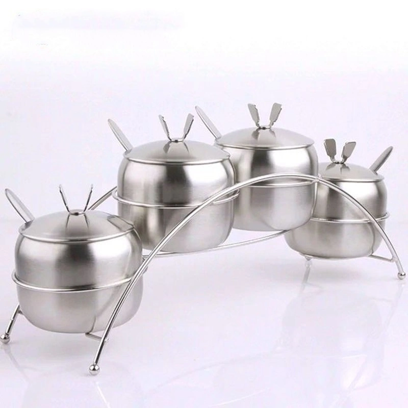 Stainless Steel 4 PCS Seasoning Container Set Condiment Serving Bowls Kitchen Spice Jars with Stand Rack and Spoons Esg16341