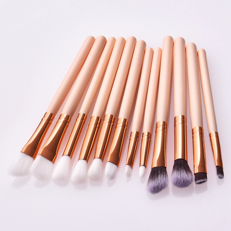 12 pzas profesión maquillaje Juego de cepillo de nylon mango de madera palo largo Ceja Eyeshadow Kit de cosmética de fusión de la herramienta de maquillaje