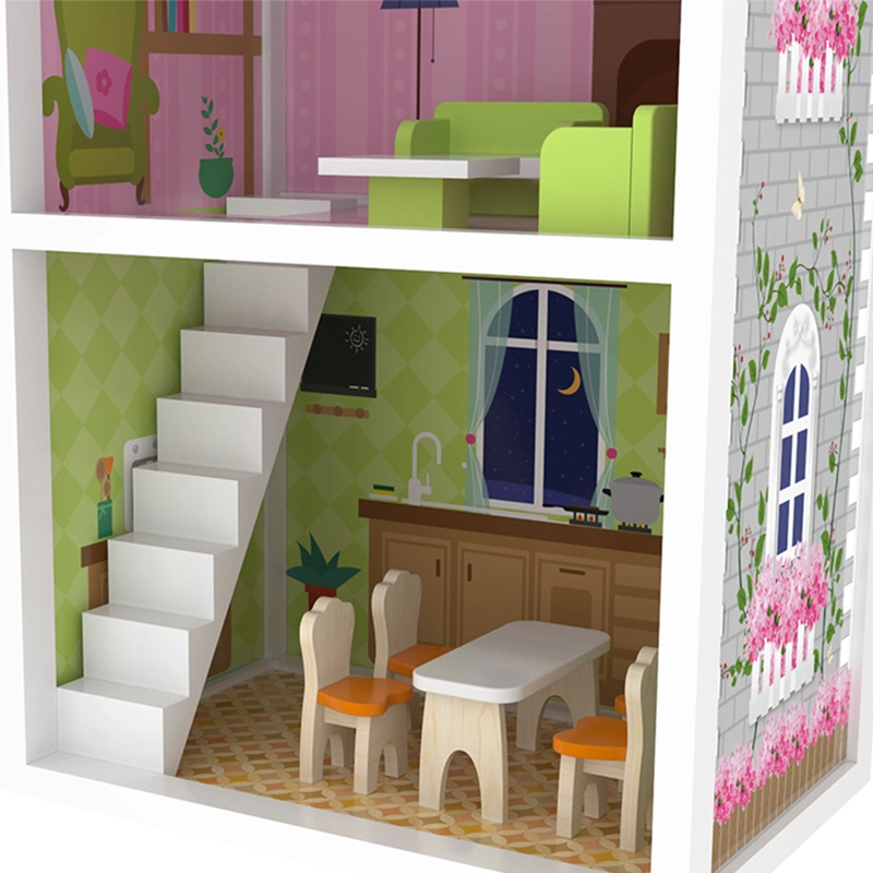 New Design Play Toys Wooden Play 2-in-1 Kitchen Baby Doll House for Kids with Furnitures