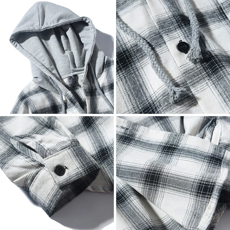 Winter Plaid Vintage Long Sleeve Casual Streetwear Button Dress Flannel Shirts Men with Hood