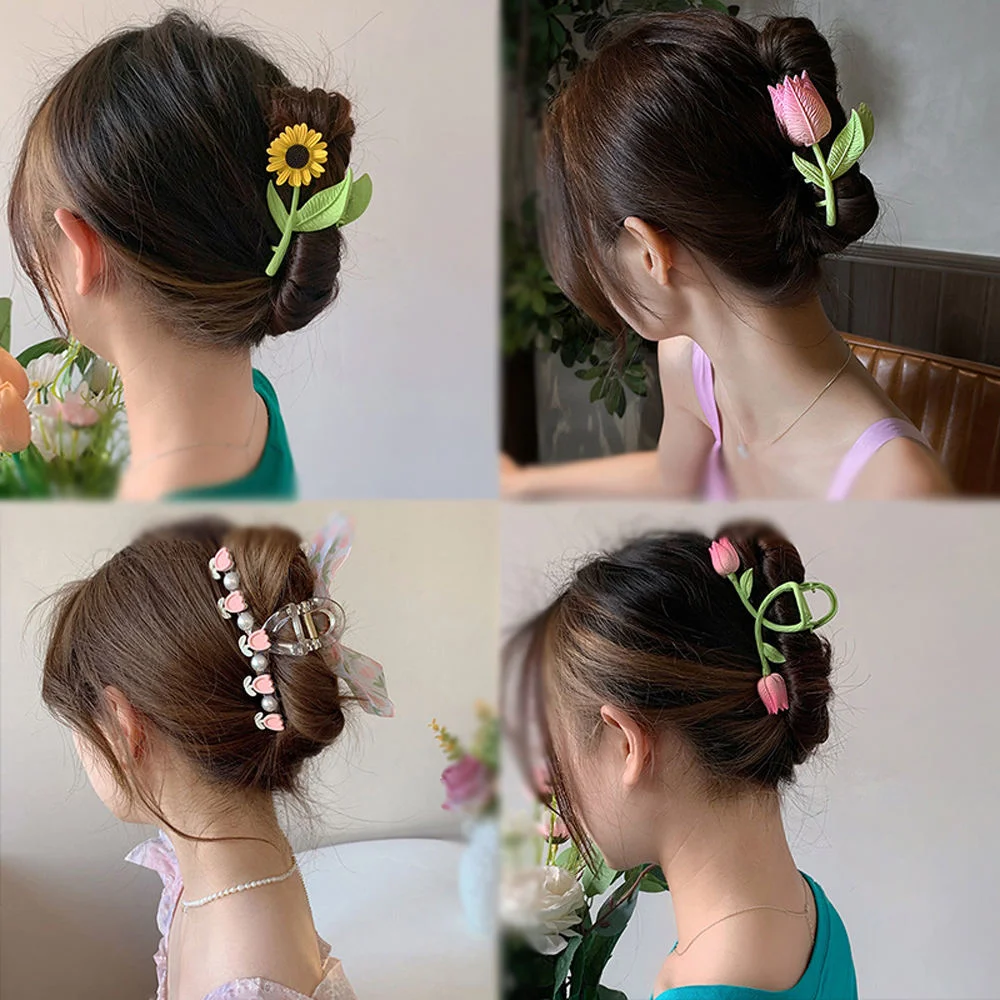 Tulip Flower Hair Claw Clips Sunflower Metal Hairpins Makeup Hair Styling