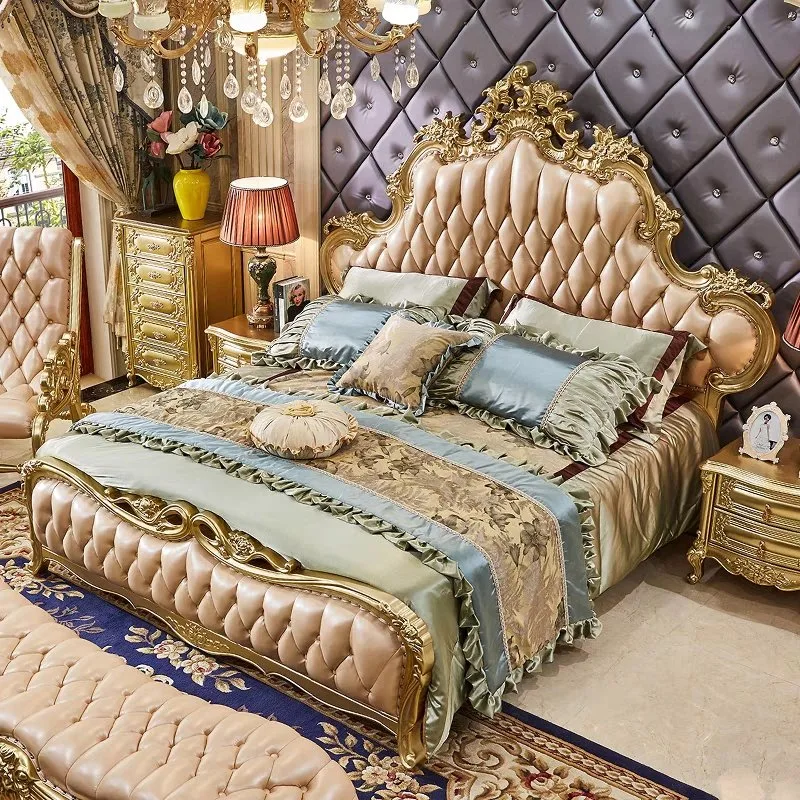 Customized Bedding Furniture Comfortable Headboard Genuine Leather Double Bed Bedroom Set