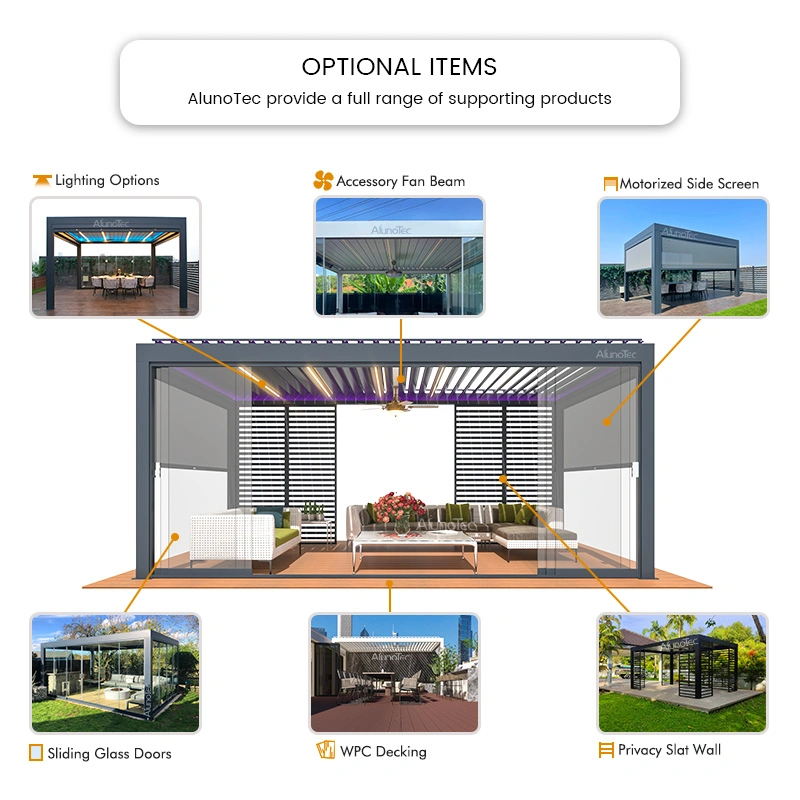 AlunoTec الفاخرة الحديثة Veranda Gazebo مربع الخشب الصلب علبة التغليف قابلة للضبط أثاث ألومنيوم بزوغ خارجي من الألومنيوم السفا