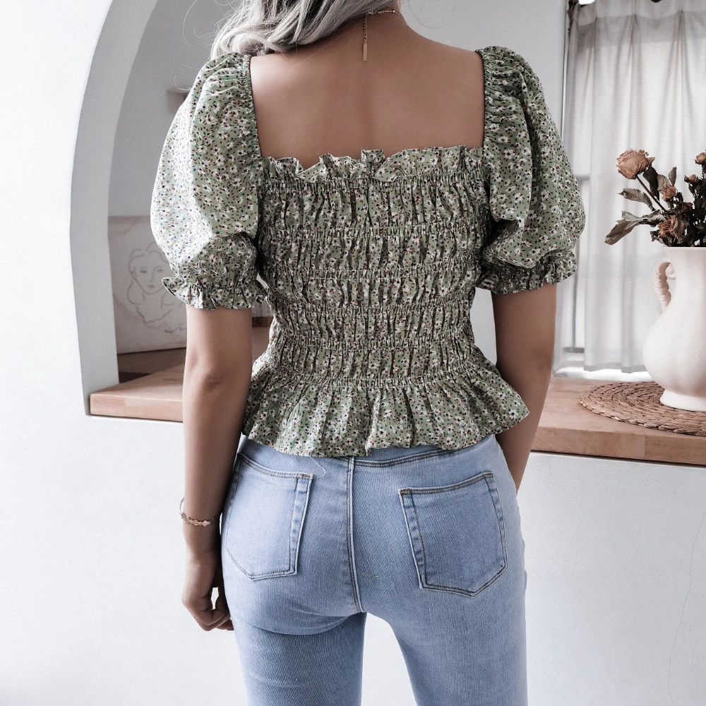 New Fashion Ladies Summer Square Collar Lantern Sleeve Ruffled Floral Chiffon Shirt Top