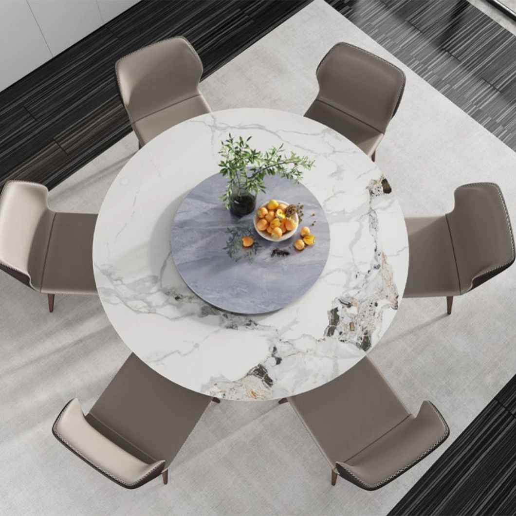 Living Room Furniture Luxury Round Metal Leg Marble Dining Table with Rotating Centre 6 Seater Chairs