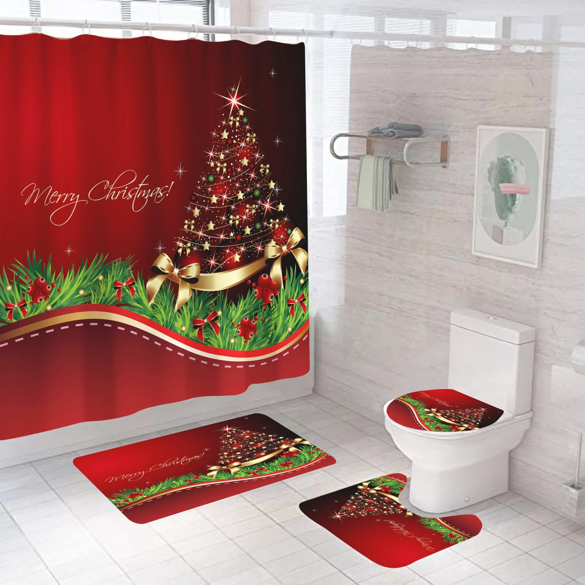 Neues Design Home Badezimmer Dekor Weihnachten Duschvorhang mit gesetzt Haken