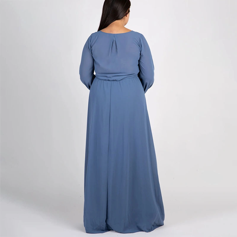 Spring Fashion Blue Chiffon Long Sleeve Pleated Plus Maxi Dress Gowns for Women Evening Dresses