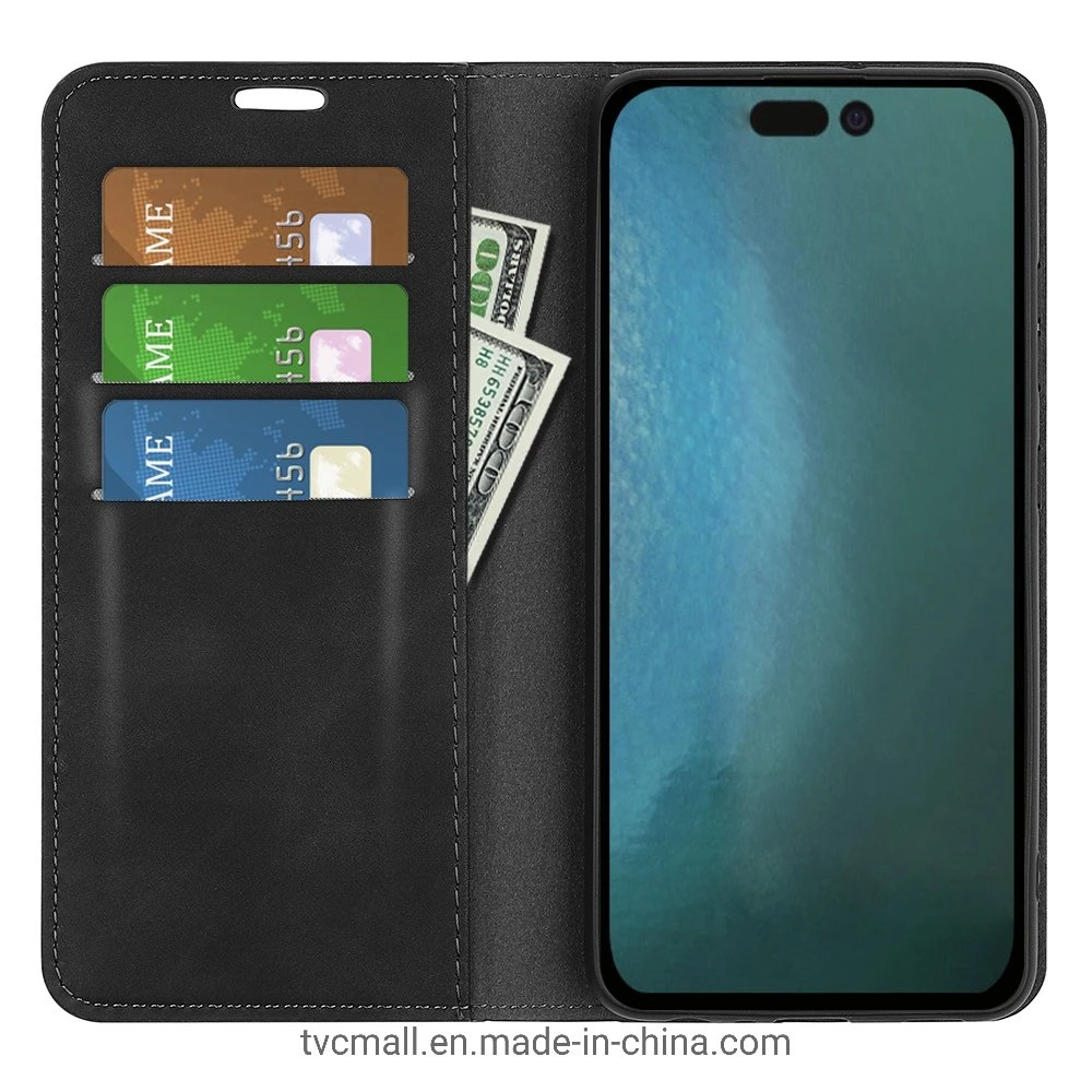 Pele macia sensação pele pele Folio Book Flip Cover horizontal visualização Suporte de suporte para caixa de telefone com absorção magnética para iPhone 14 PRO 6.1 Polegada - Preto