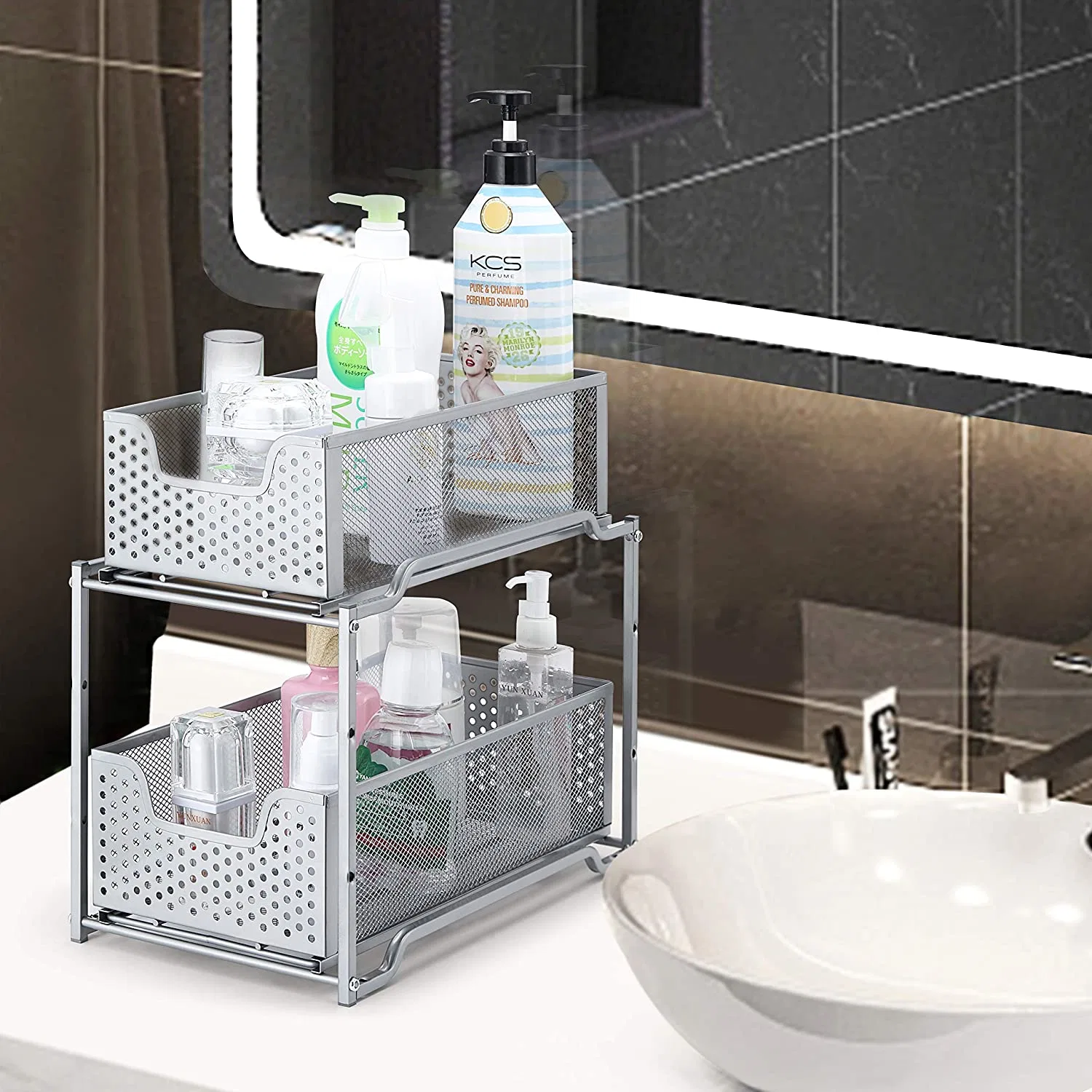 2 Pack Simple Trending Stackable 2-Tier Under Sink Cabinet Organizer with Sliding Storage Drawer, Silver