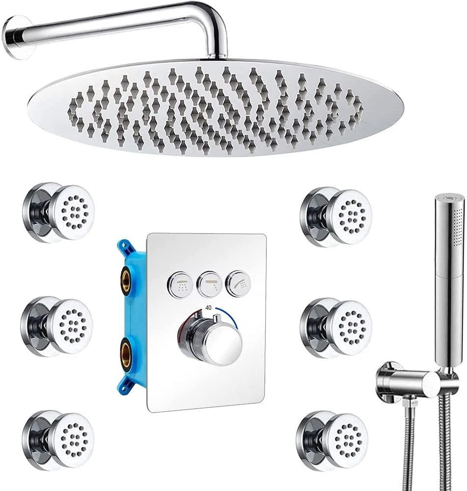 12 Inch Wall Mount Round Rainfall Faucet Set with Handheld Spray and Jets Combo, Full Body Rain Shower System, Thermostatic Valve Can Use All Shower