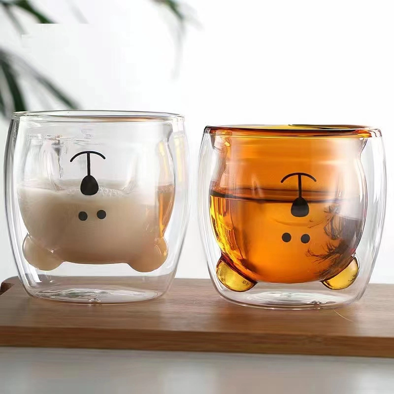 Cutes tazas de vidrio de color de pared doble aislamiento Mug taza de café de cristal animales café, té, leche mañana, Dan Copa Cat.