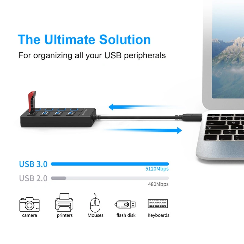 Directa de Fábrica de Venta caliente 7 puertos USB 3.0 de 5 Gbps Hub compacto portátil con cable