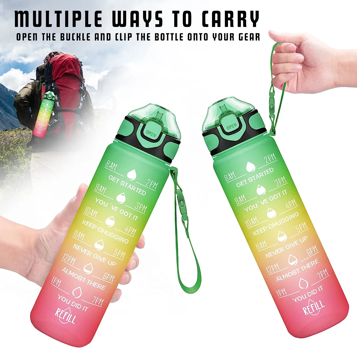 Garrafa de água Gradient Cor Motivational ginásio Fitness Esportes Atacado Hotsale 1 L Camping PC plástico Classic Drinkware adultos