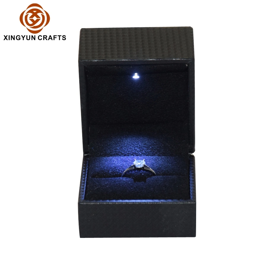 Customized 2022 New Small Jewelry Ring Box MDF Gift Package Box with LED Light Black Leather Packing Box