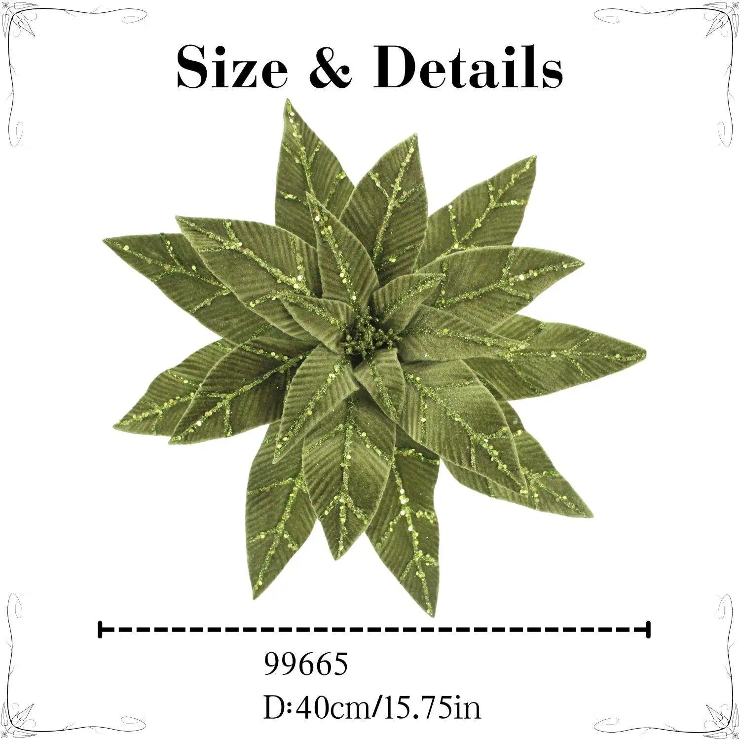 Christmas Ornament Decorative Accents Big Size Flower Green Velvet Poinsettia Glitter Artificial Poinsettia Flowers