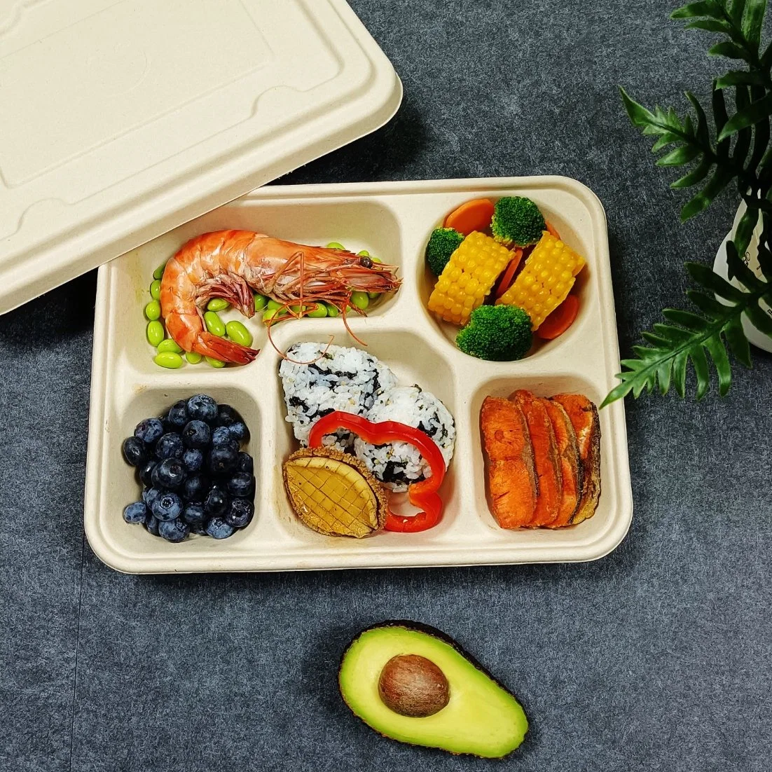 Biodegradable Takeaway Food Container Sugarcane Bagasse Disposable 4 Compartment Lunch Box with Lid