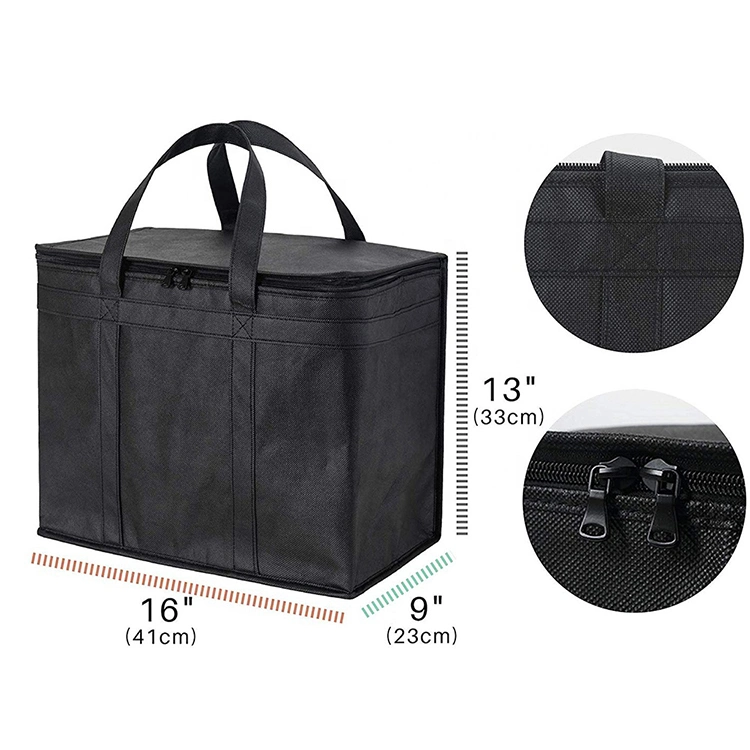 Sac isotherme pliable de grande taille en non-tissé noir pour la livraison de nourriture, avec fermeture éclair thermique, sac isotherme isolé pour les courses/sacs à main.