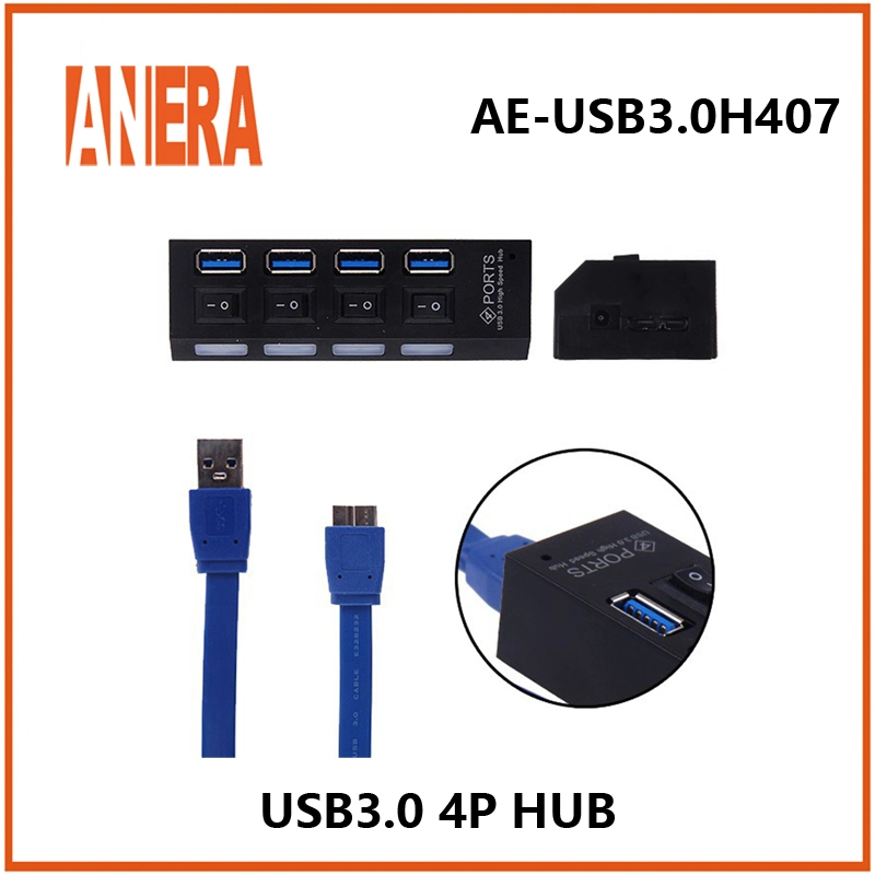 Anera High Speed New Design 4 Ports USB3,0 Hub mit Einzelschalter 5Gbps tragbar kompakt mit Kabel