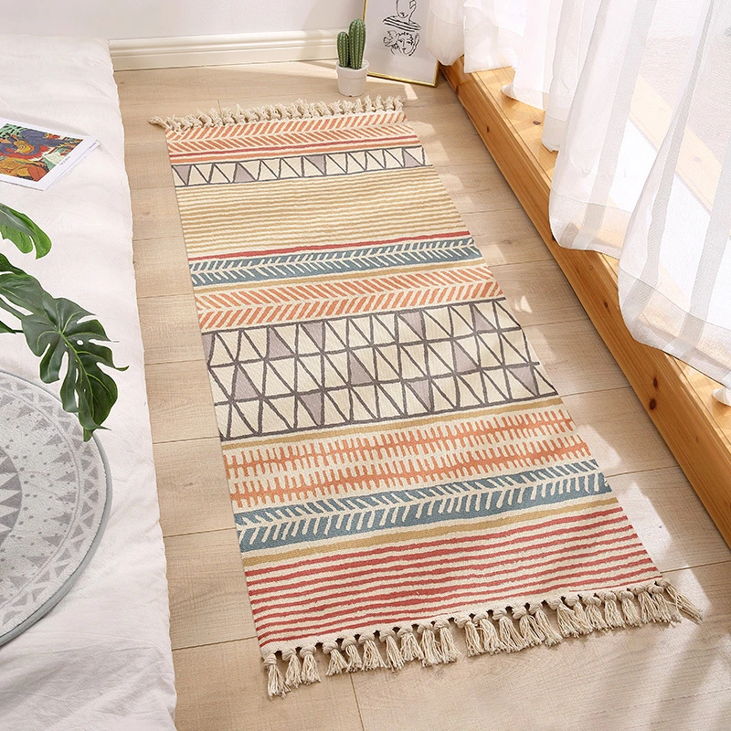 Cotton and Linen Tassel Woven Floor Mat Door Bedroom Tapestry Decorative Blanket Tea Living Room Carpet Area Rug