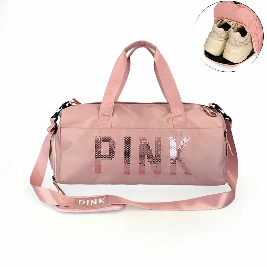 Sequins Pink Letters Gym Fitness Sports Bag Women Crossbody Handbag Travel Bag