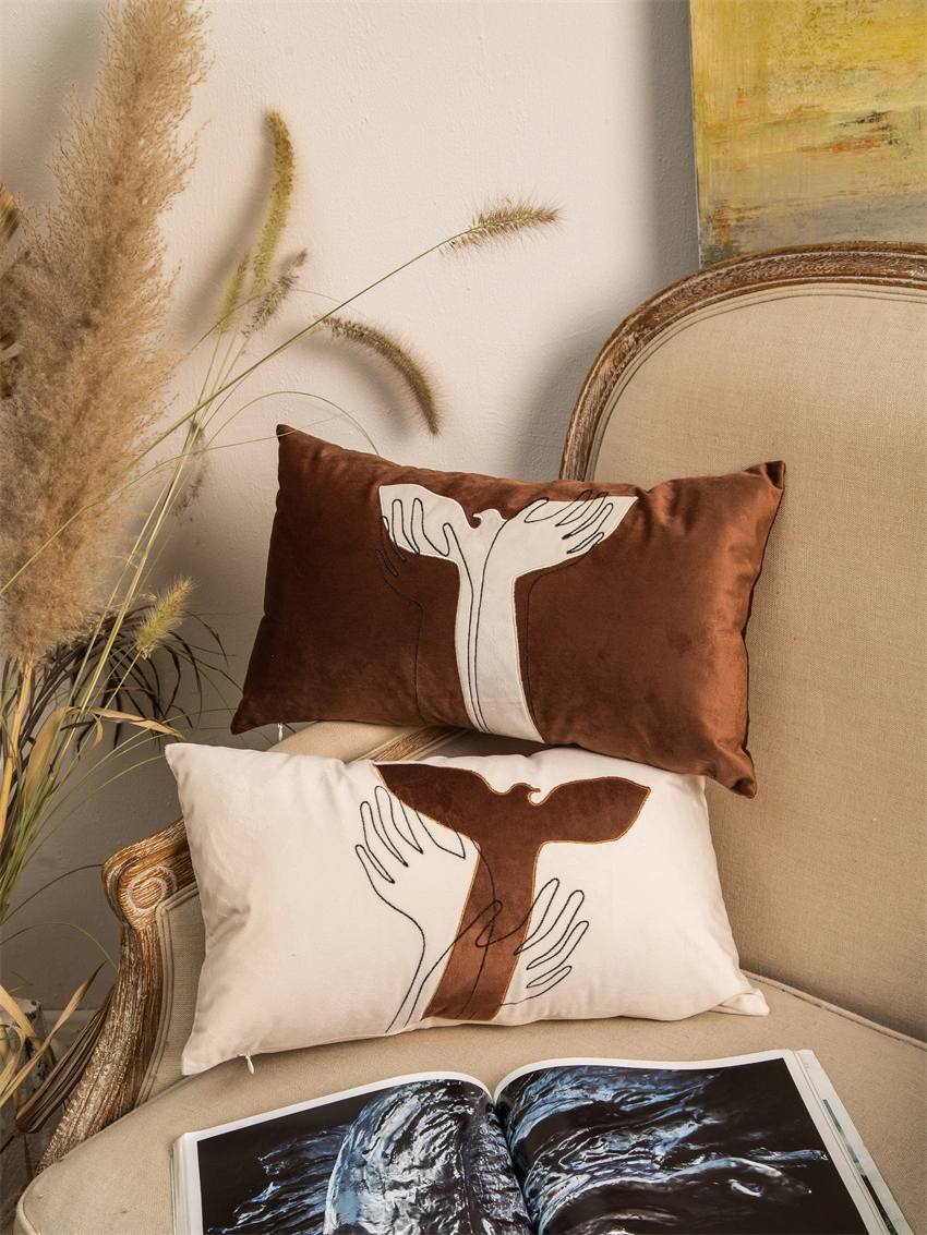 Home Products Fashionable Velvet Embroidery Brown Copper Beige Peace Pigeon and Hand Embroidery Applique Decorate Pillow 30X50cm Rectangular Cover Cushion