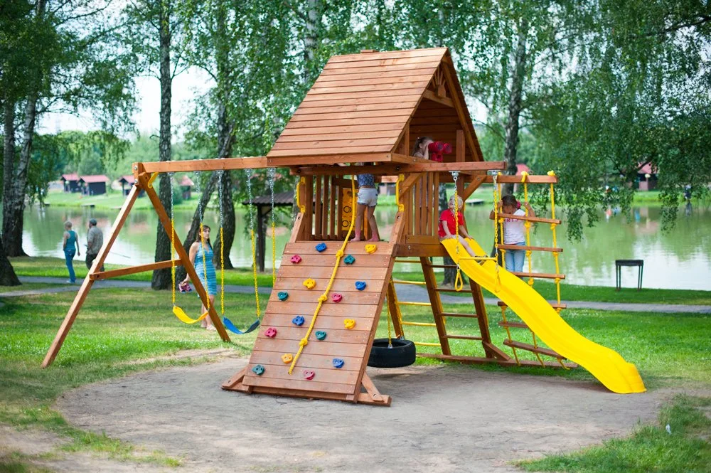 Children Wooden Baby Backyard School Play Slide Swing Outdoor Playground Set