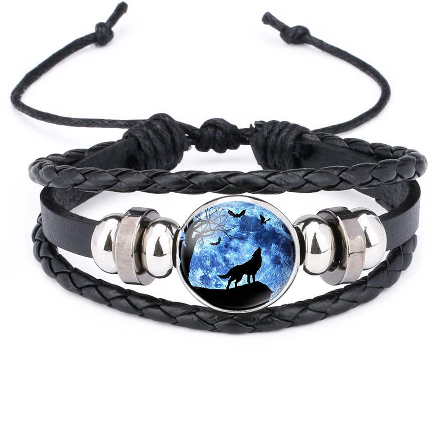 Skylark Großhandel Hübsch Handmade Verstellbare Nacht Wolf Geflochtenen Lederarmband