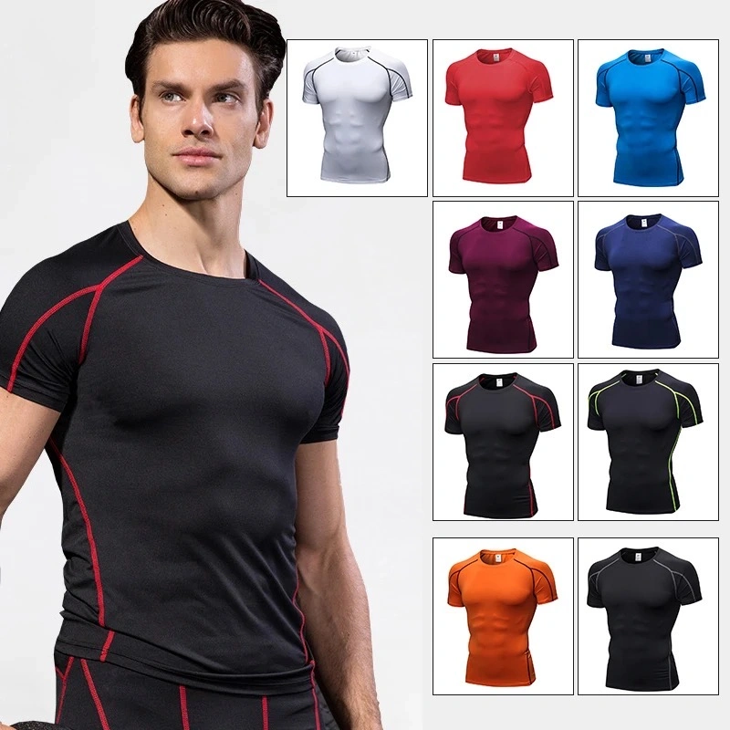 Custom Mens Short Sleeve Muscle Training T Shirts with Stitching Line, Compression Bodybuilding Workout Fitness Tee Slim Fit Active Exercise Boxing Clothing