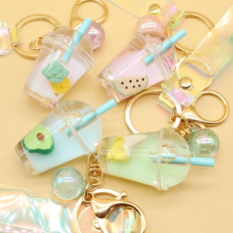 Liquid Filled Plastic Star Fire Truck Bundles of Key Ring Wholesale/Supplier Fruit Tea Boba Mini Toy Hot Selling Popular Decoration Keychain for Sale