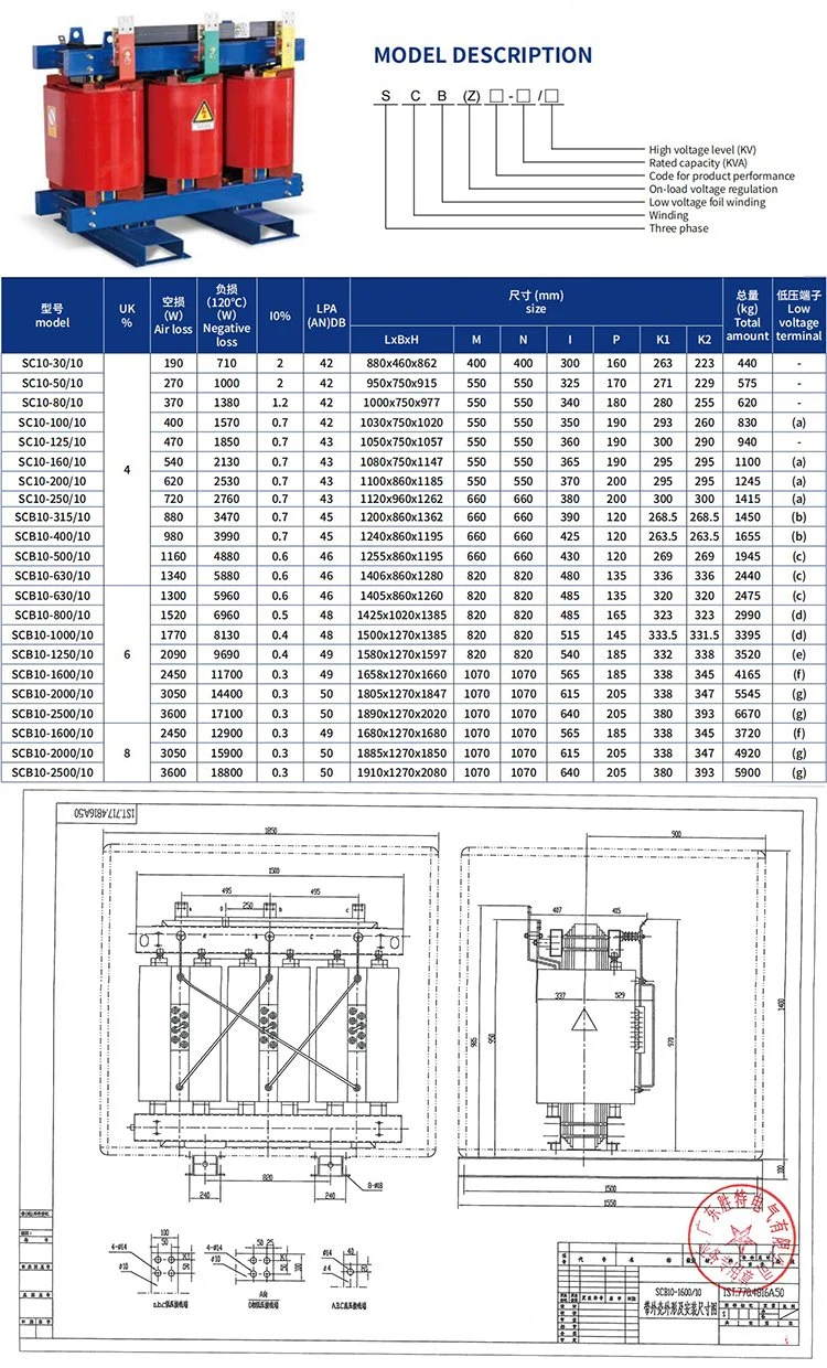 Transformateur abaisseur de capacité nominale de 630 kVA 24 kv Scb10 /Scb11 ISO60076 Type sec transformateur de tension HT de transformateur de transmission de puissance 400 V. Transformateurs