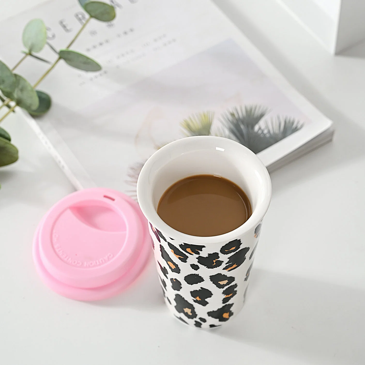 Custom sublimation Double Wall Ceramic Café caneca Travel Coffee Cup Com tampa de silicone e logótipo personalizado